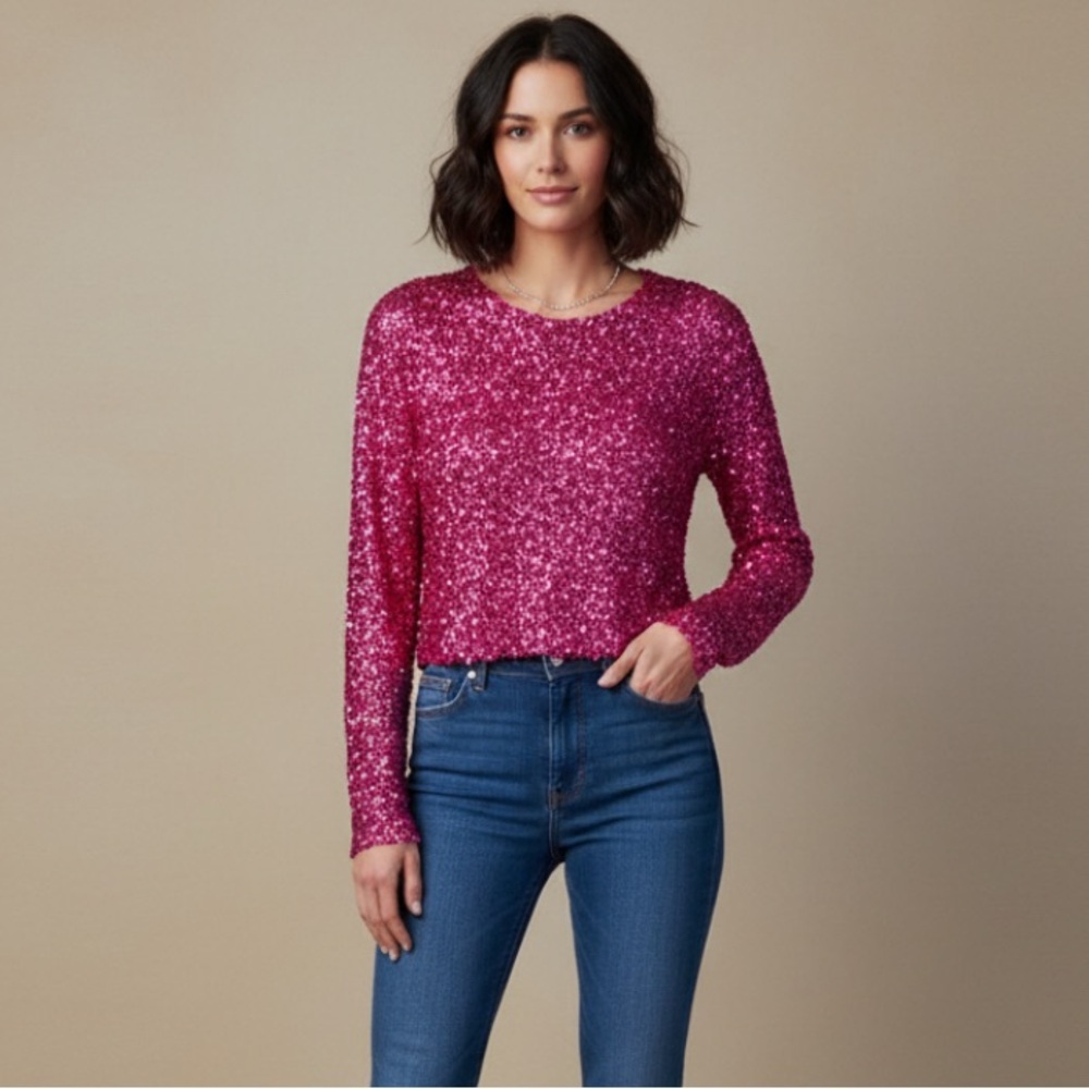 GeeGee Sequin Hot Pink Long Sleeve Crop Top Mesh Lined Medium Stretch Women NWT